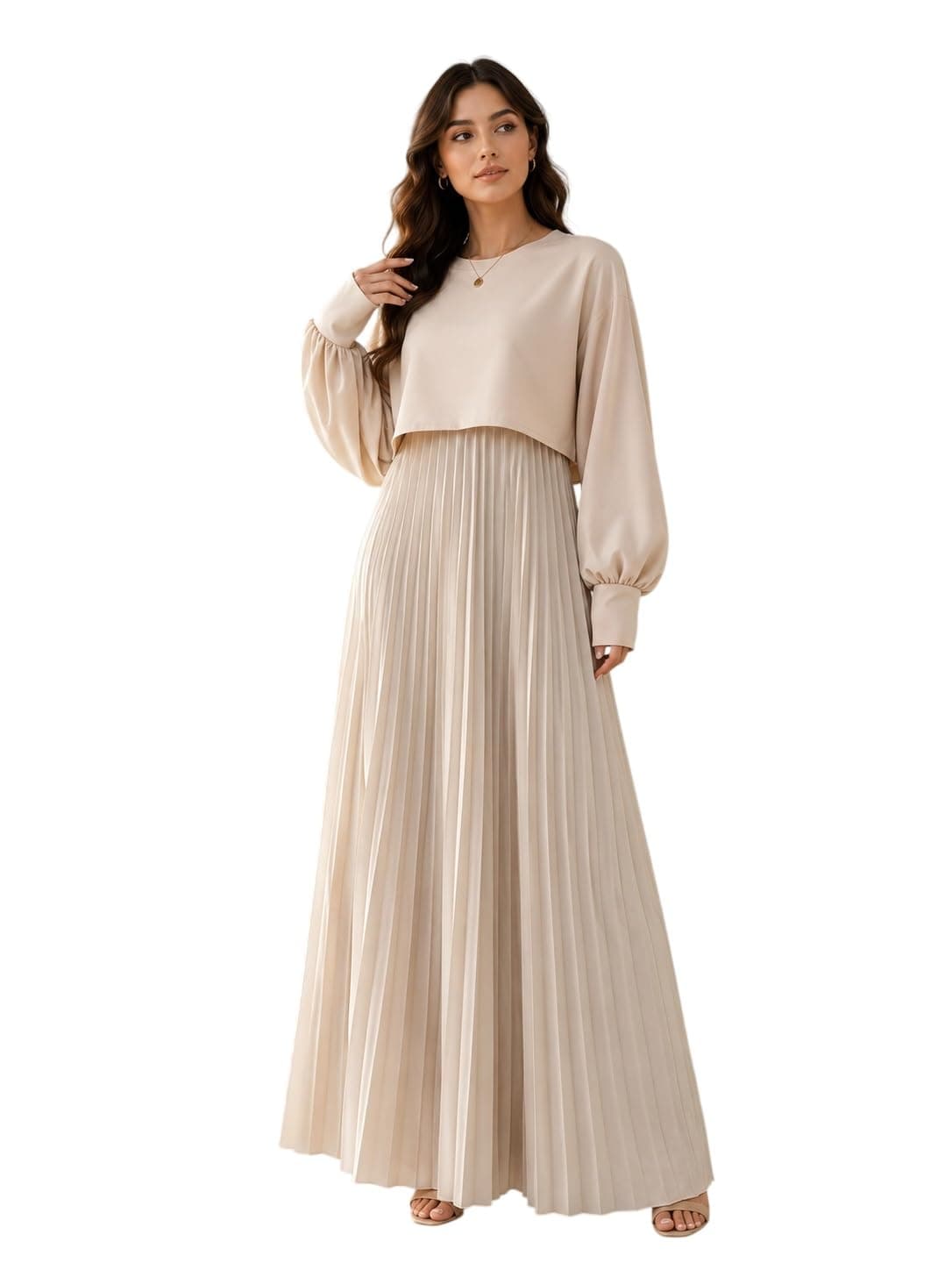 LITZO Women’s One Piece Dress - Georgette Solid Color Western Gown | Long Sleeve Round Neck Fit & Flare Flared Hem Design | A-Line Maxi Dress for Women | New Year Party Outfit (NO-17-18)
