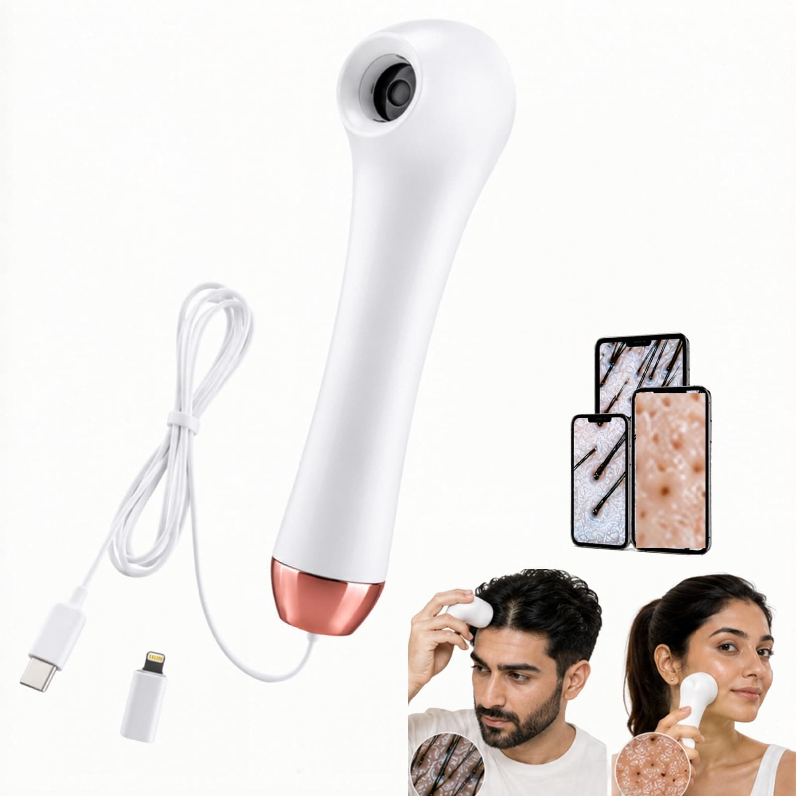 LumiScope Scalp, Hair & Skin Analyzer | HD 4X Magnification IPX5 Waterproof Camera| Hair, Scalp & Skin Inspection Device with LED Light| Plug and Play with iOS & Android App Analyzer | No Battery Needed