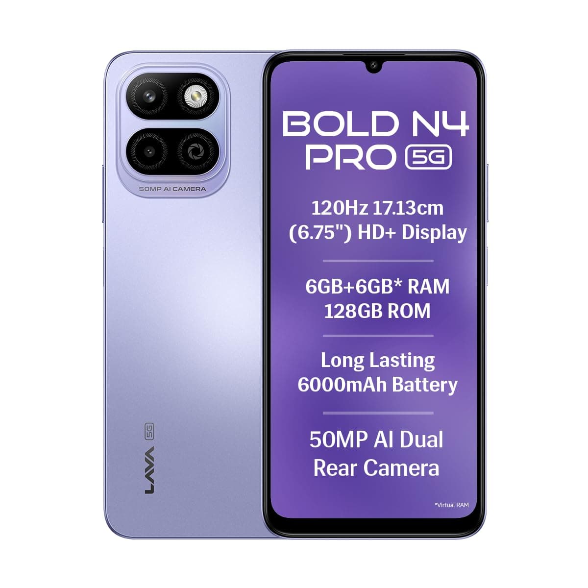 Lava Bold N4 Pro 5G (Opulent Lilac, 6GB RAM, 128GB Storage) | 50MP AI Rear Camera | 6000mAh Battery with 18W Fast Charge | 500K+ Antutu | IP64 Rated |Clean Android 16 | Free Service @ Home