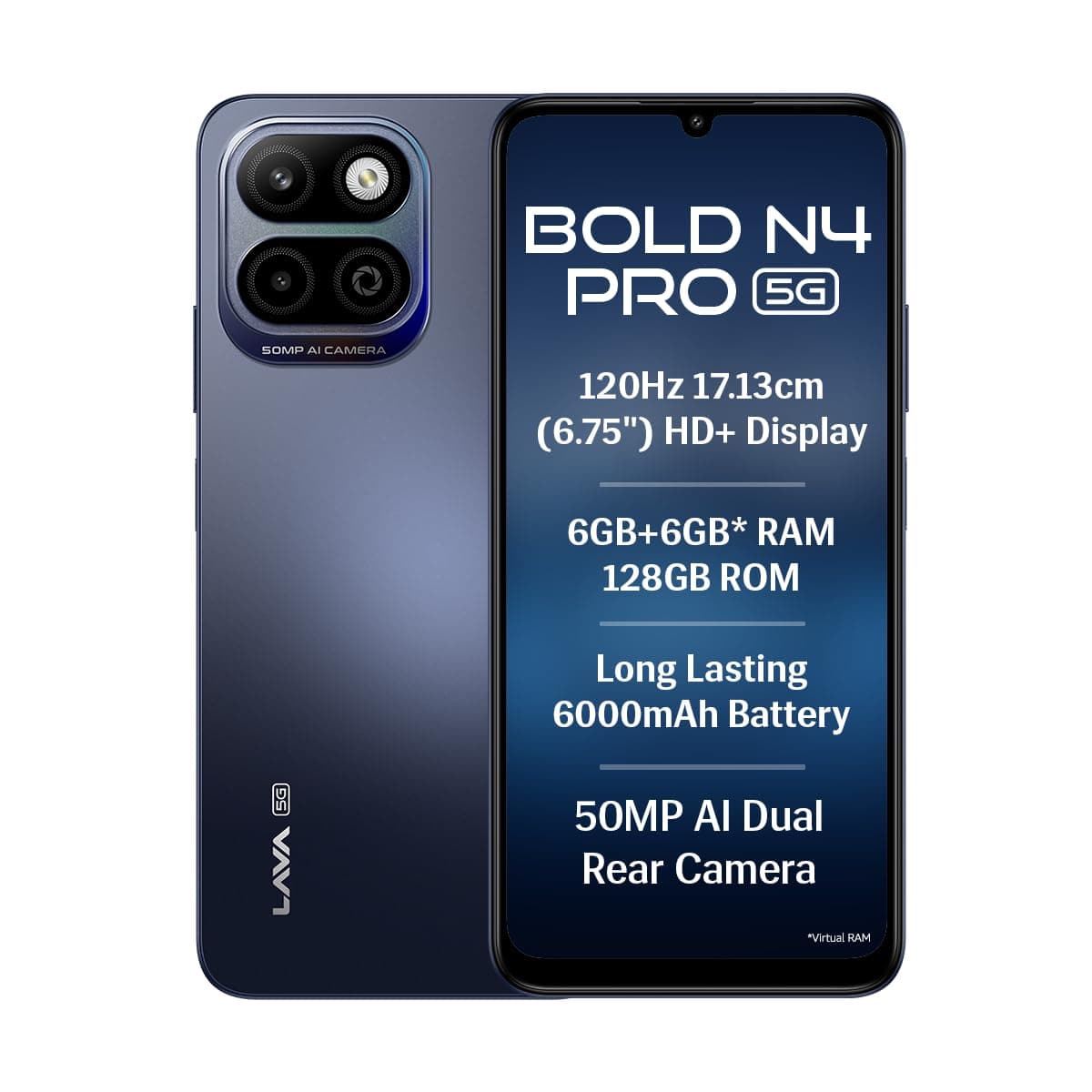 Lava Bold N4 Pro 5G (Monaco Blue, 6GB RAM, 128GB Storage) | 50MP AI Rear Camera | 6000mAh Battery with 18W Fast Charge | 500K+ Antutu | IP64 Rated |Clean Android 16 | Free Service @ Home