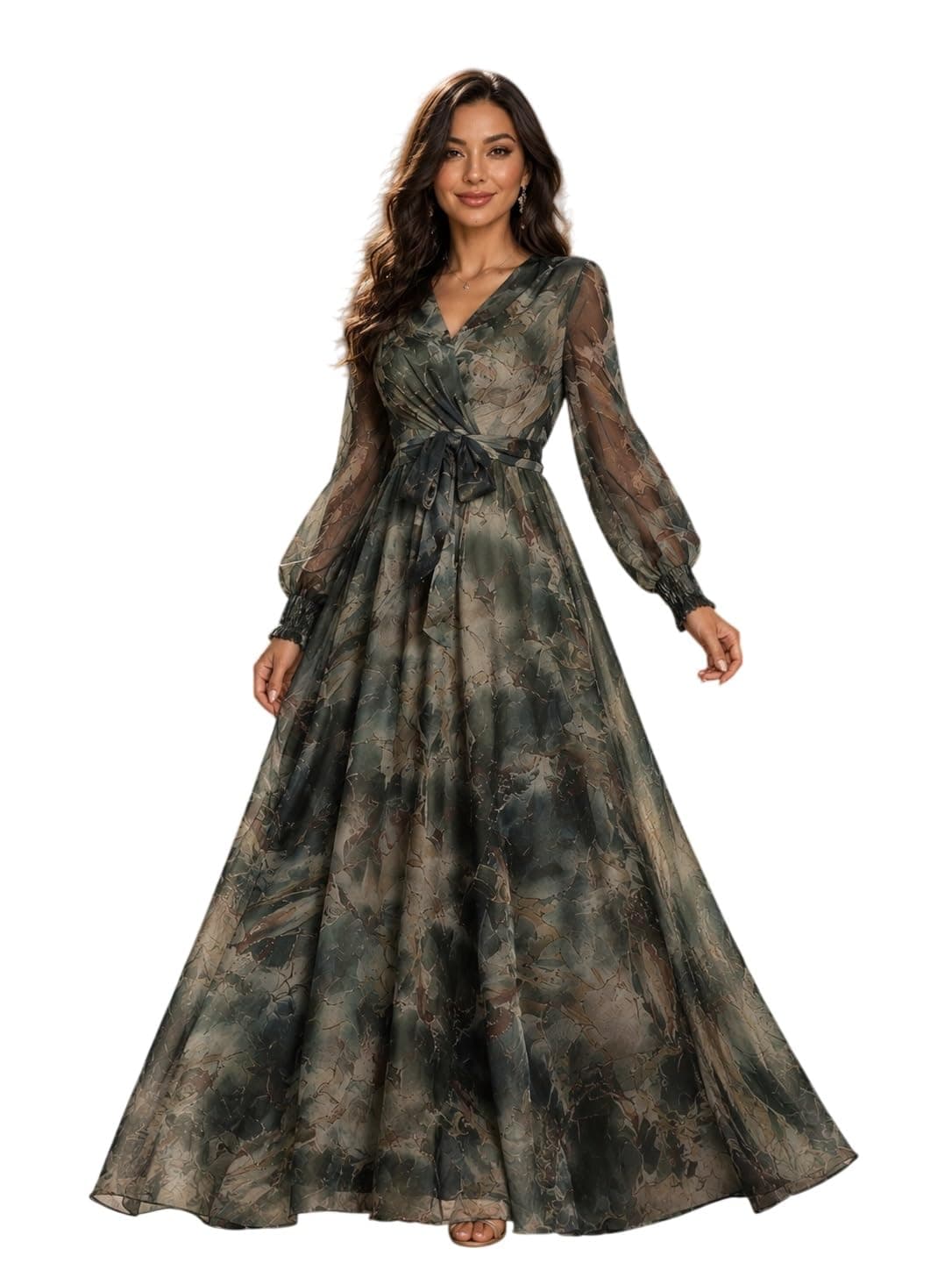 LITZO Women’s One Piece Dress - Georgette Floral Printed Western Gown | Long Sleeve V Neck Fit & Flare Flared Hem Design | A-Line Maxi Dress for Women | New Year Party Outfit (NO-08-10)