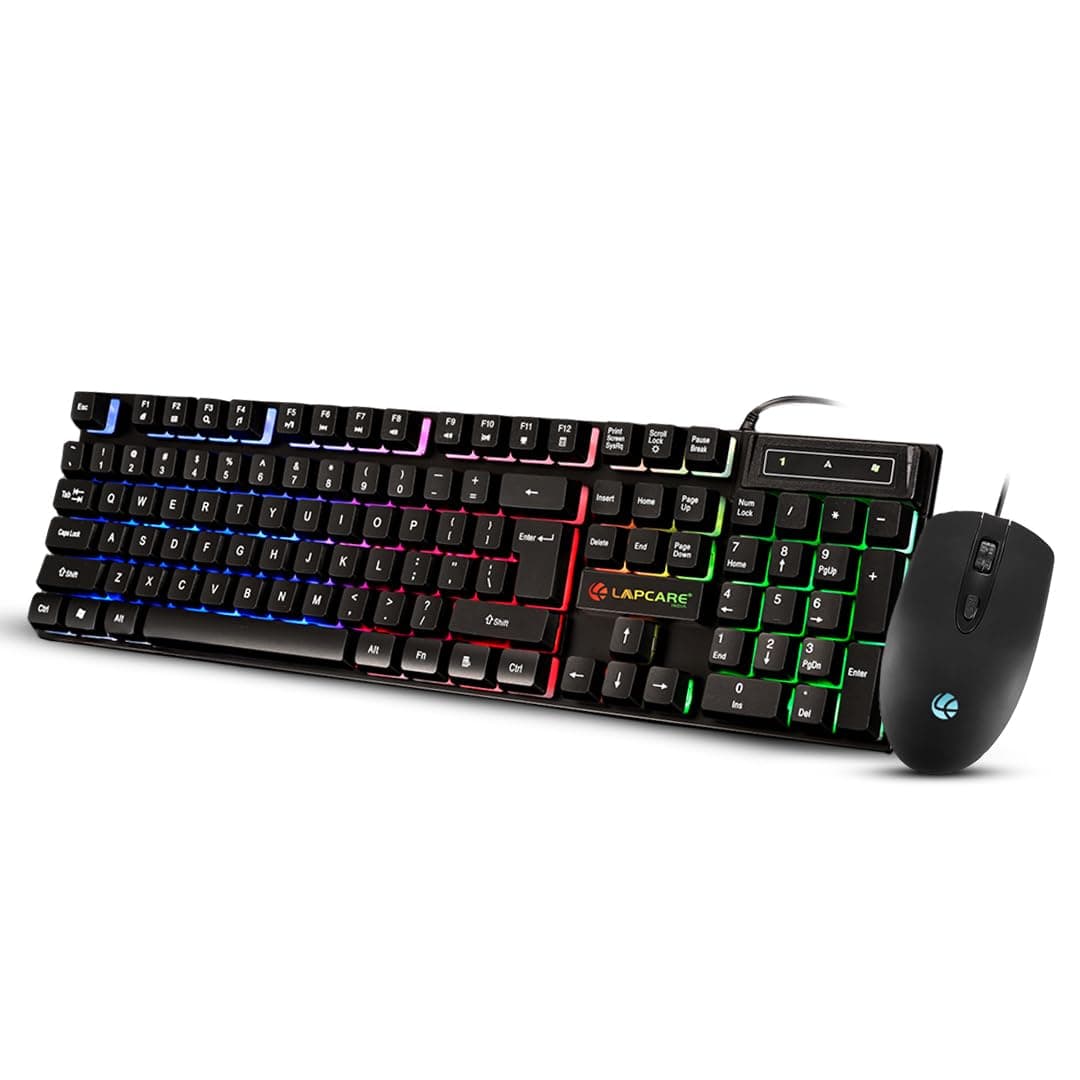 LAPCARE Rapido II Wired Gaming Keyboard & Mouse Combo with Rainbow LED Backlit, 104 Laser Printed Keys, 1600 DPI Gaming Mouse, USB Plug & Play, Windows Compatible