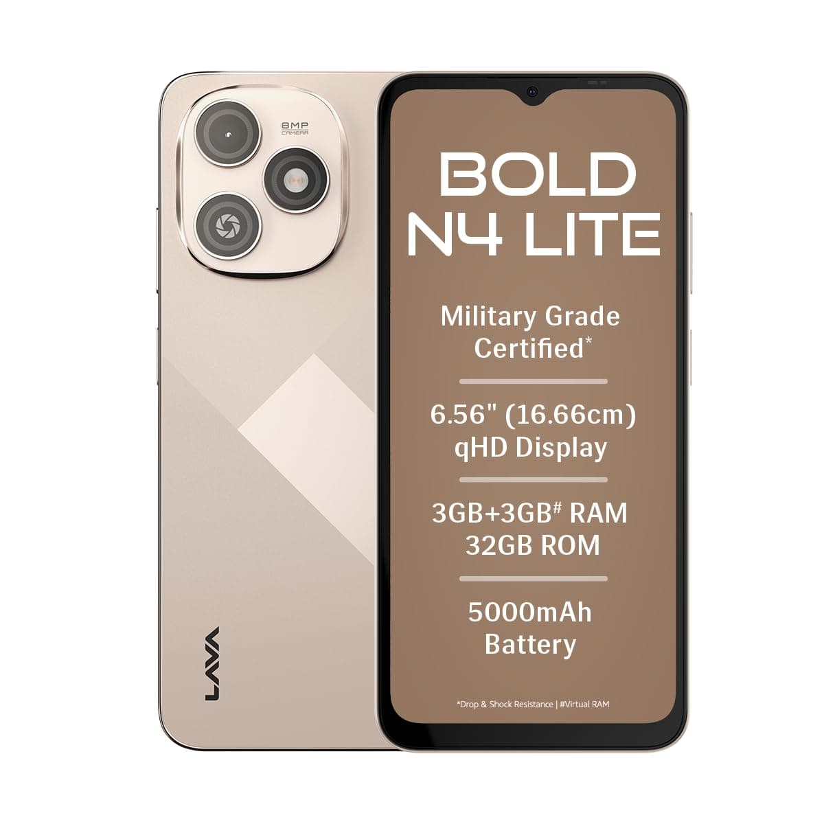 Lava Bold N4 Lite (Empire Gold, 3GB RAM, 32GB Storage) | 6.56" qHD Display | 8MP Rear Camera | 5000 mAh Battery | Free Service @ Home | Fingerprint Reader | Charger & Phone-Cover in Box