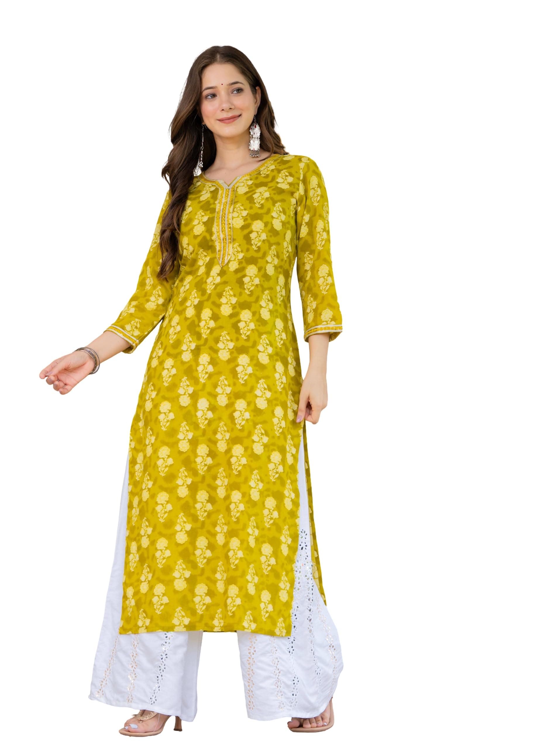 Women Rayon Straight Kurti| Printed Ethnic Kurta with Neck Embroidery | 3/4 Sleeve Calf Length | Ikat Design | Casual Office S–3XL