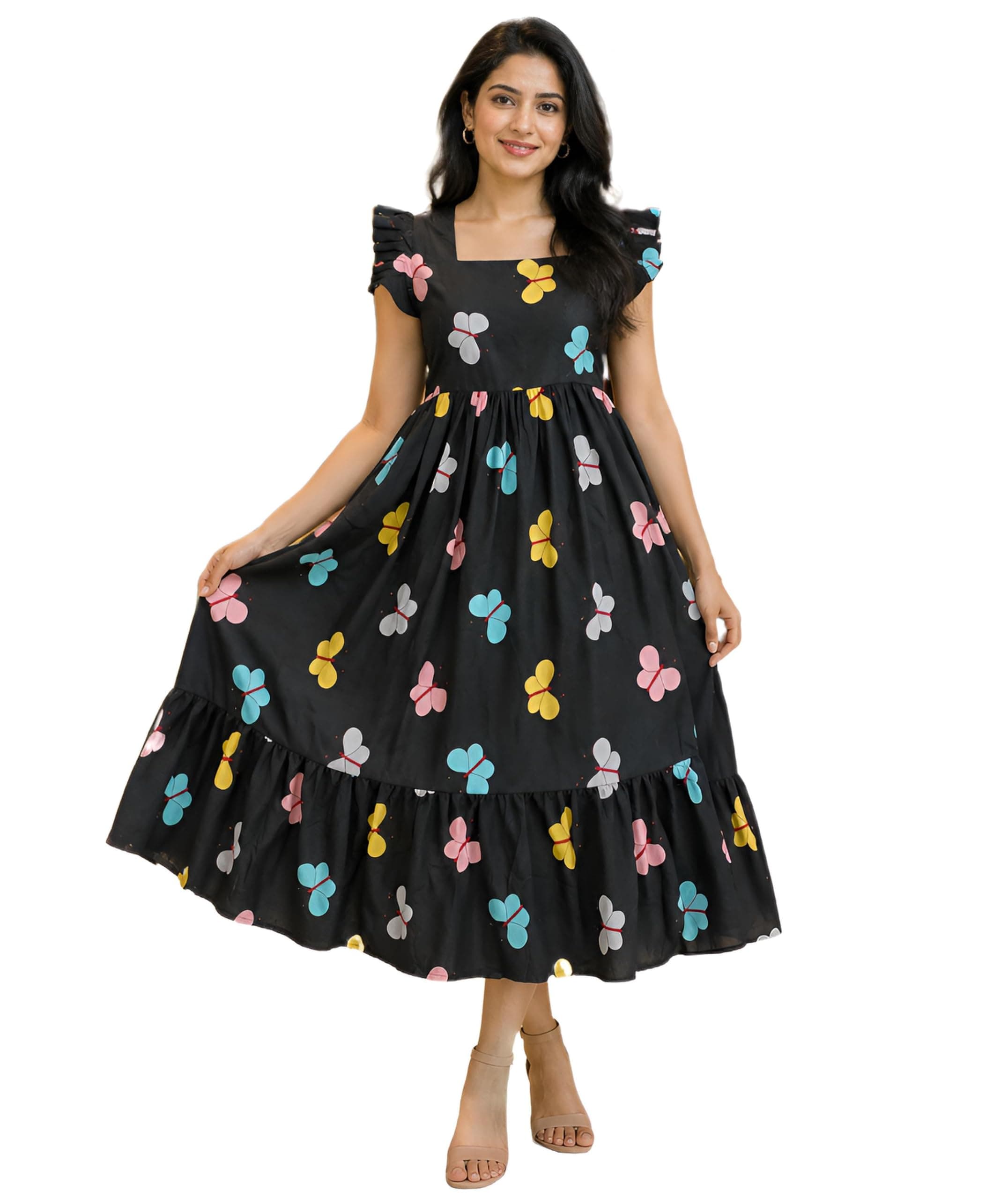 JUSTHER Women's Butterfly Print Western Poly-Cotton Frock Maxi Dress
