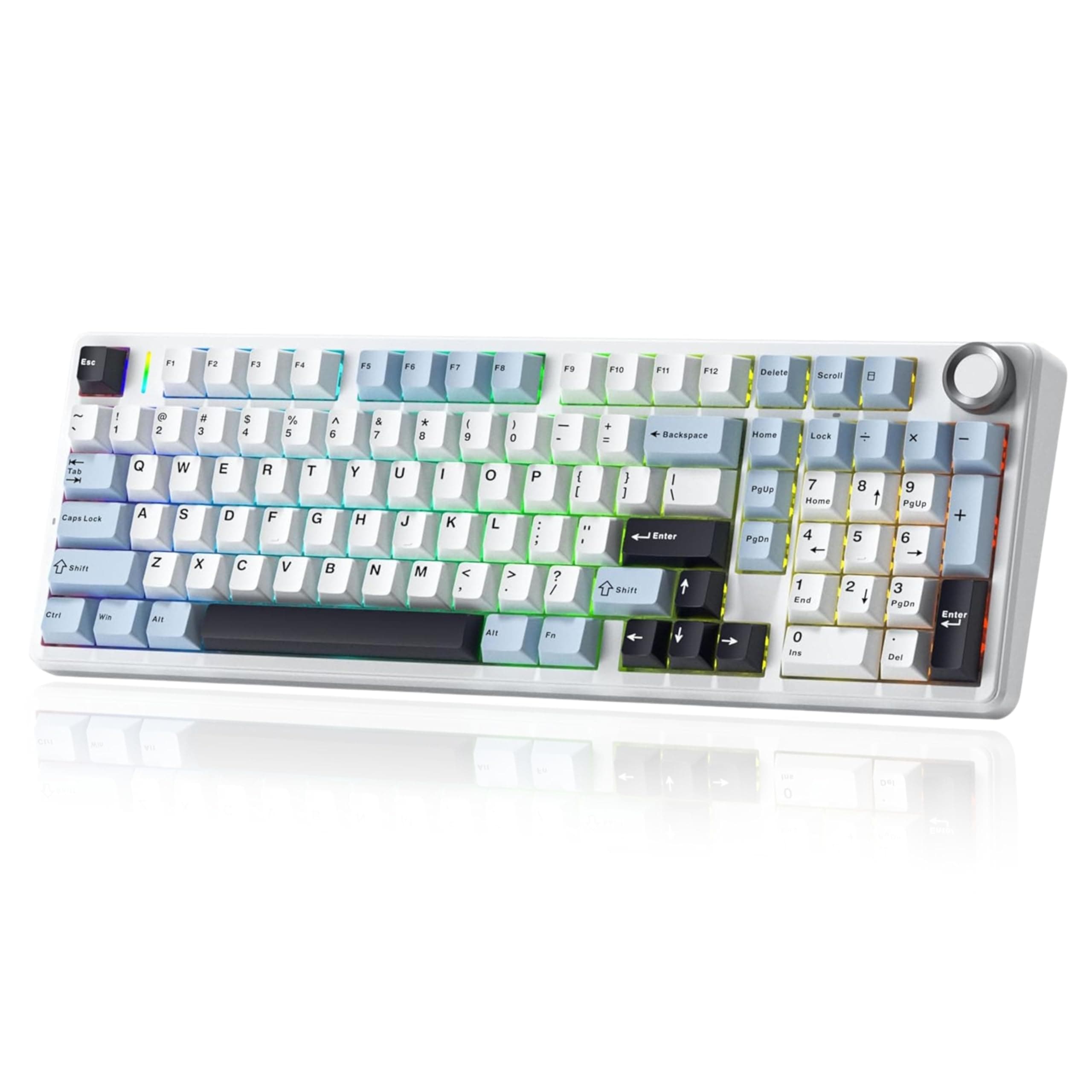 AULA F99 PRO 96% Wireless Full Size Mechanical Gaming Keyboard with Knob | BT5.0/USB-C/2.4GHz Wireless, Hot Swappable Keyboard with 8000mAh Battery, RGB Backlit | Ice Blue - Star Vector Switches