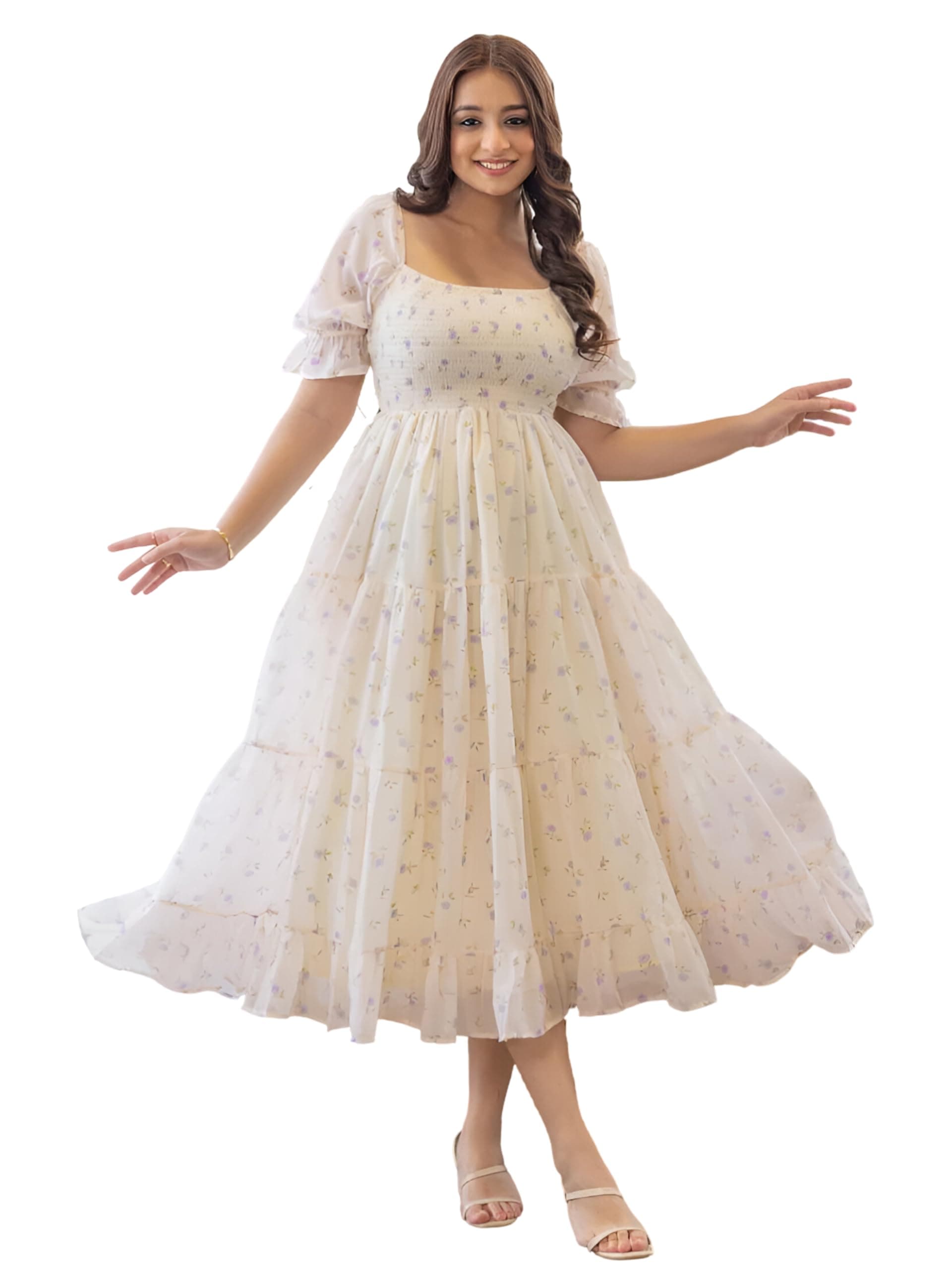KZULLY Dress for Women | Midi Length | Flared Hem | Puff Sleeve | Square Neck | Smocked Bodice