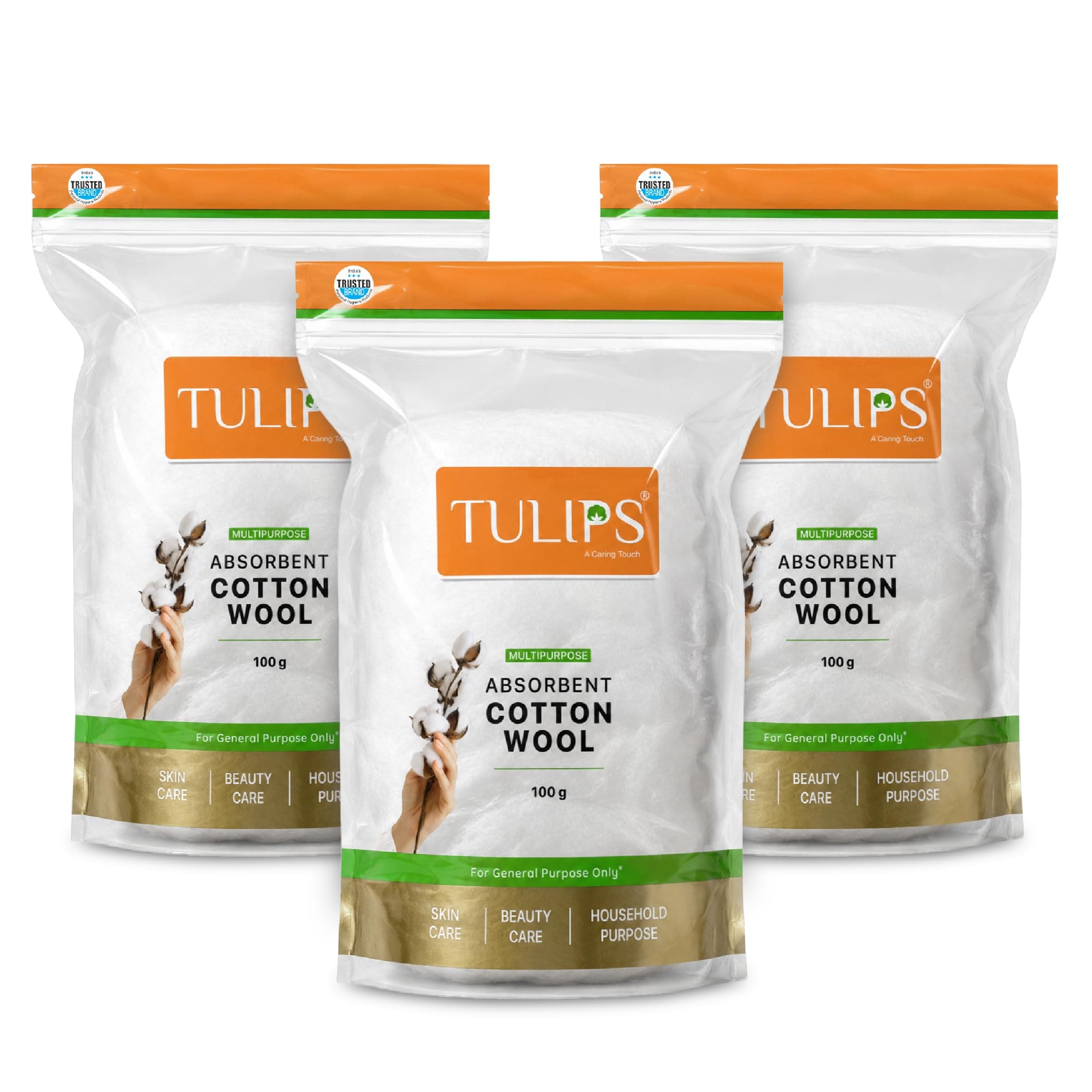Tulips 100gm Absorbent Soft Cotton Wool/Roll for Makeup Remover, Beauty, Adult & Baby Care Disposable Cotton, (Pack of 3)