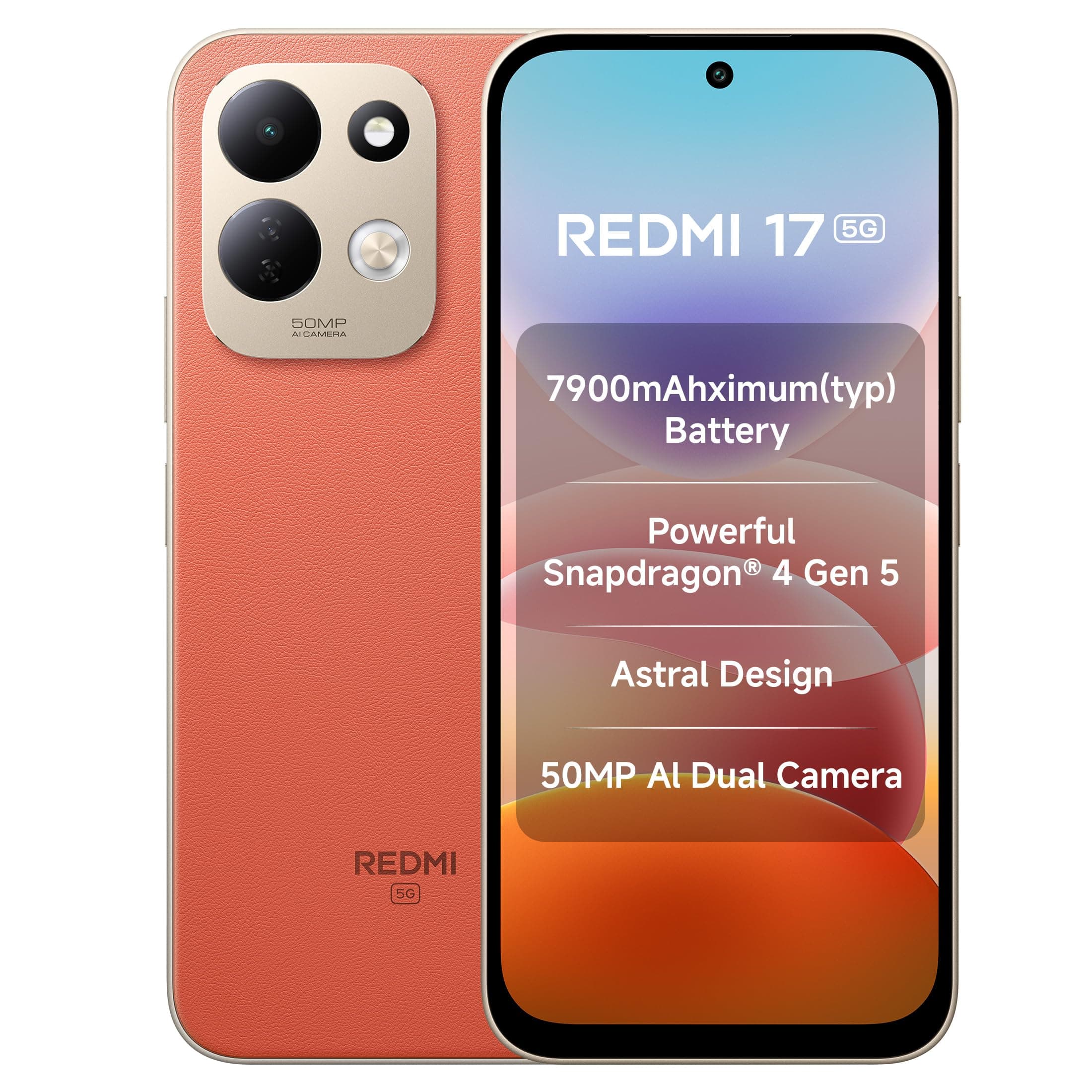 Redmi 17 5G (Eternal Orange, 8GB RAM, 128GB ROM) | 7900mAh Battery + 45W Fast Charging | 6.9" 120Hz Adaptive Display | Snapdragon 4 Gen 5 | 50MP Dual AI Camera | Corning® Gorilla® Glass 7i | IP64