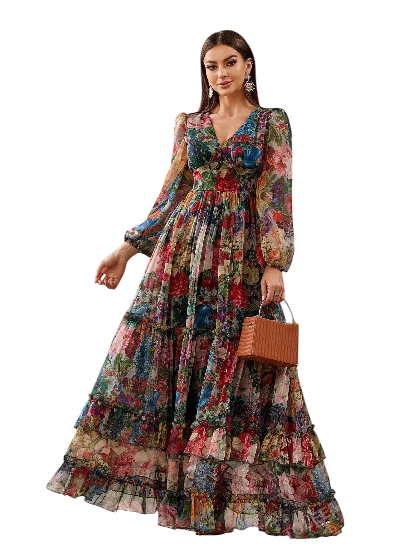 LITZO Women’s One Piece Dress - Georgette Floral Printed Western Gown | Long Sleeve V Neck Fit & Flare Flared Hem Design | A-Line Maxi Dress for Women | New Year Party Outfit (NO-29-31)
