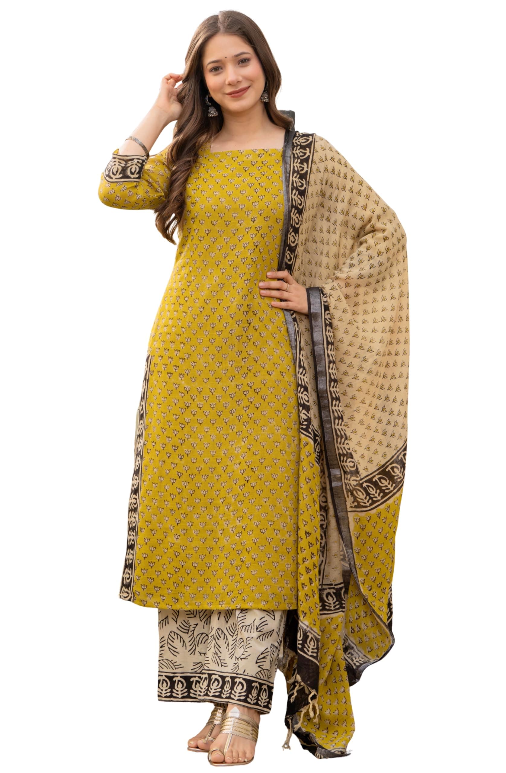 Amayra Women's Pure Cotton Straight Kurta Set with Palazzo Pants & Dupatta|Ethnic wear|Kurti Suit Set for Women